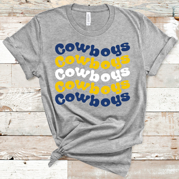 Cowboys Wavy Retro Mascot Navy, Gold, and White Direct to Film Transfer - 10 to 14 Day Ship Time
