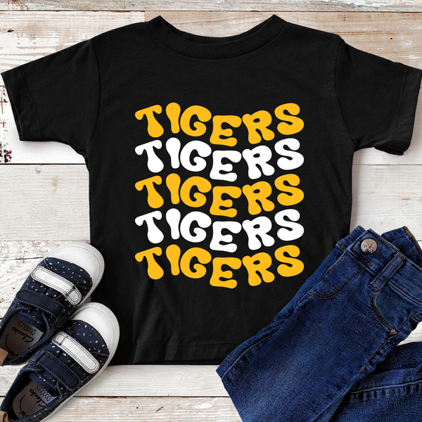 Tigers Wavy Gold and White Direct to Film Transfer - YOUTH SIZE - 10 to 14 Day Ship Time