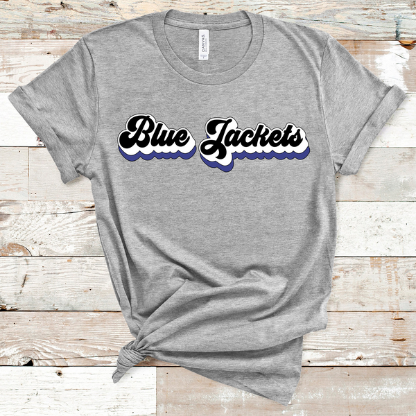 Blue Jackets Retro Font Royal Blue, White, and Black Direct to Film Transfer - 10 to 14 Day Ship Time