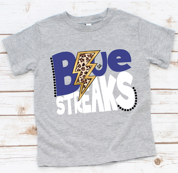 Blue Streaks Lightning Bolt Mascot Blue and White Direct to Film Transfer - YOUTH SIZE - 10 to 14 Day Ship Time