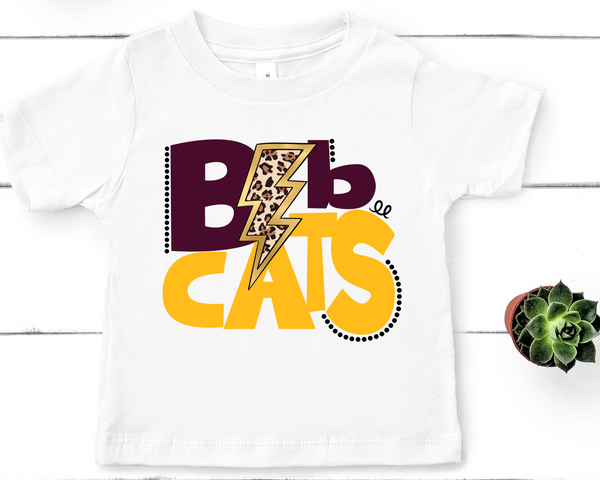 Bobcats Lightning Bolt Mascot Maroon and Gold Direct to Film Transfer - YOUTH SIZE - 10 to 14 Day Ship Time
