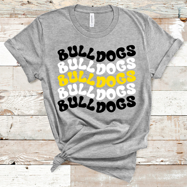 Bulldogs Wavy Retro Mascot Black, White, and Yellow Direct to Film Transfer - 10 to 14 Day Ship Time
