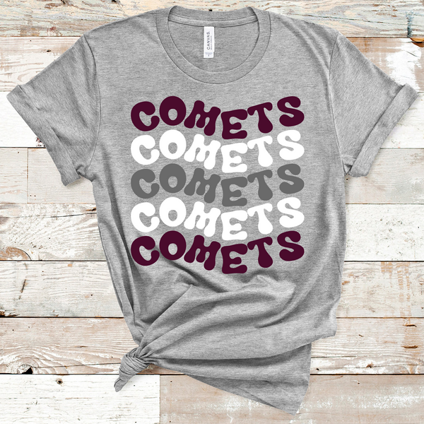 Comets Retro Wavy Mascot Maroon, White, and Gray Direct to Film Transfer - 10 to 14 Day Ship Time