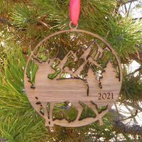 Deer with Mountains Walnut Christmas Tree Ornament