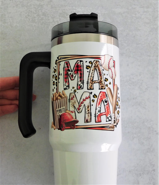 30 Ounce Stainless Steel Tumbler with Black Handle Baseball Mama