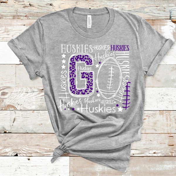 Go Huskies Football Typography Purple and White Word Art Direct to Film Transfer - 10 to 14 Day Ship Time