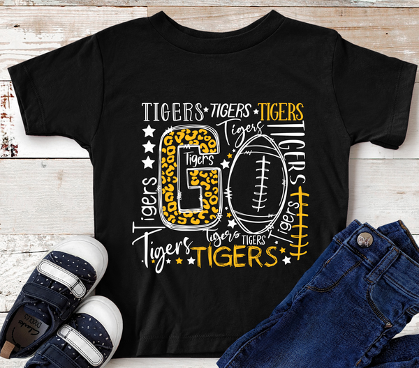 Go Tigers Football Typography Gold and White Direct to Film Transfer - YOUTH SIZE - 10 to 14 Day Ship Time