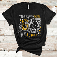 Go Tigers Basketball Typography White and Gold Word Art Direct to Film Transfer - 10 to 14 Day Ship Time