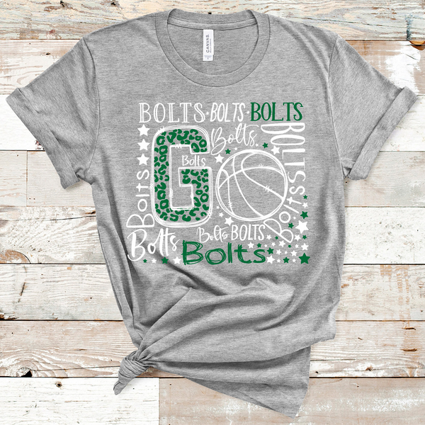 Go Bolts Basketball Typography Green and White Word Art Direct to Film Transfer - 10 to 14 Day Ship Time