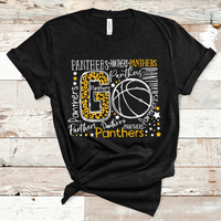 Go Panthers Basketball Typography White and Gold Word Art Direct to Film Transfer - 10 to 14 Day Ship Time