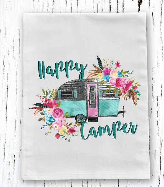 Happy Camper Floral RV Towel Size Screen Print Transfer - HIGH HEAT FORMULA - RTS
