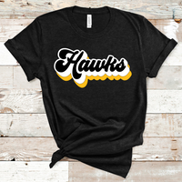 Hawks Mascot Retro Font White Gold Black Direct to Film Transfer - 10 to 14 Day Ship Time
