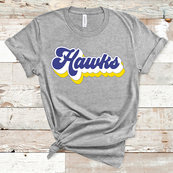Hawks Mascot Retro Font Yellow, White, and Royal Direct to Film Transfer - 10 to 14 Day Ship Time