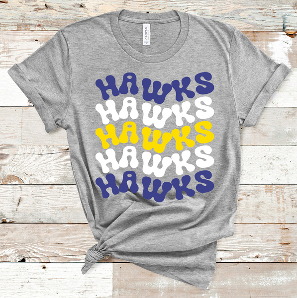 Hawks Wavy Retro Mascot Royal Blue, White, and Yellow Direct to Film Transfer - 10 to 14 Day Ship Time