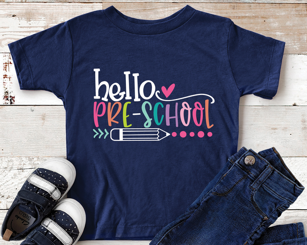 Hello Preschool White Text Youth Size Direct to Film Transfer - 10 To 14 Day TAT
