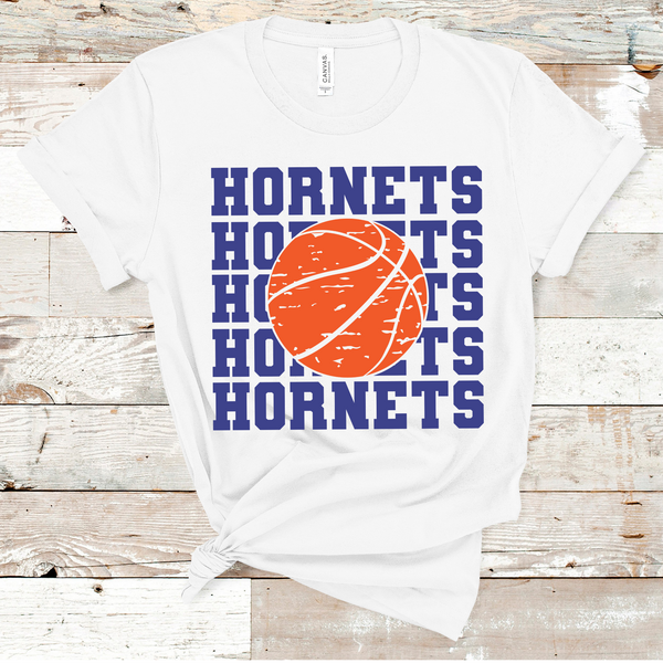 Hornets Stacked Mascot Basketball Royal Blue Text Direct to Film Transfer - 10 to 14 Day Ship Time