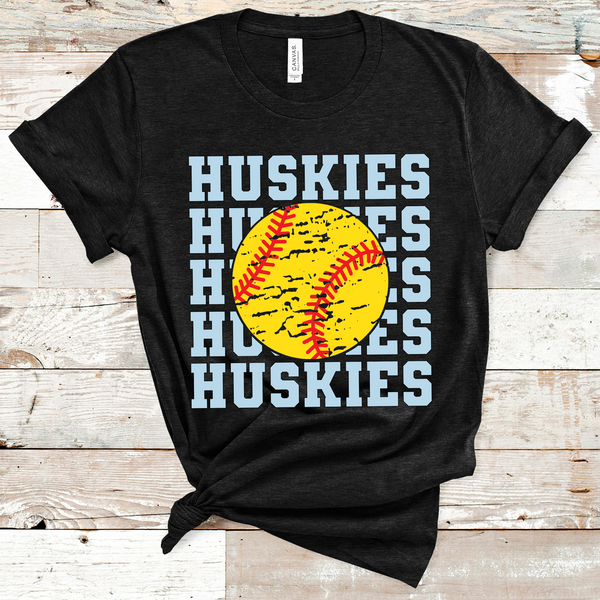 Huskies Stacked Mascot Softball Light Blue Text Adult Size Direct to Film Transfer - 10 to 14 Day Ship Time