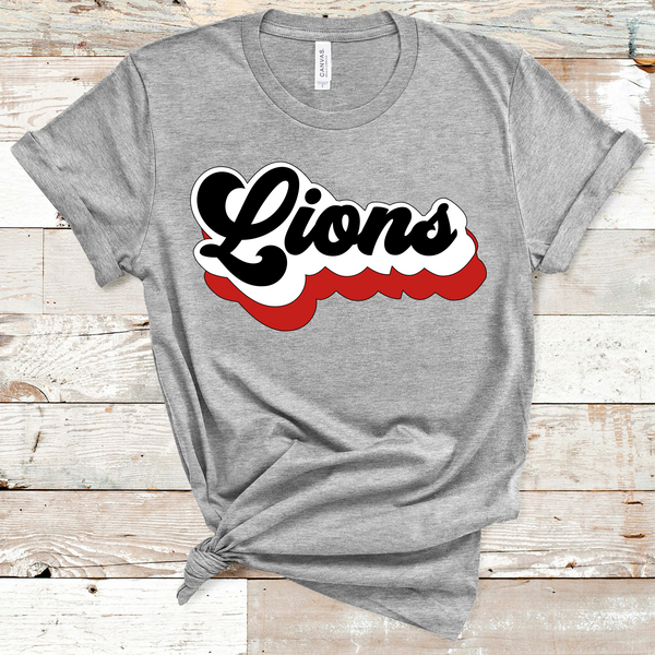 Lions Retro Font Red, White, and Black Direct to Film Transfer - 10 to 14 Day Ship Time