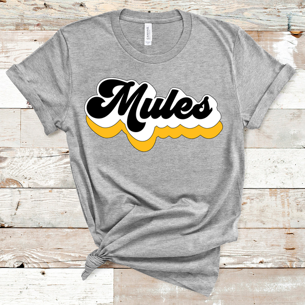 Mules Retro Font Gold, White, and Black Direct to Film Transfer - 10 to 14 Day Ship Time