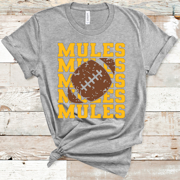Mules Stacked Mascot Football Gold Text Adult Size Direct to Film Transfer - 10 to 14 Day Ship Time