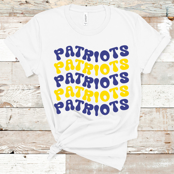 Patriots Wavy Retro Mascot Royal Blue and Yellow Direct to Film Transfer - 10 to 14 Day Ship Time