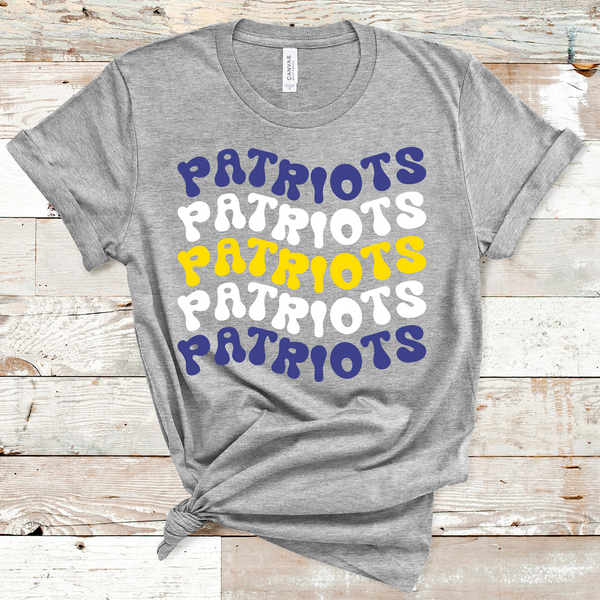 Patriots Wavy Retro Mascot Royal Blue, White, and Yellow Direct to Film Transfer - 10 to 14 Day Ship Time