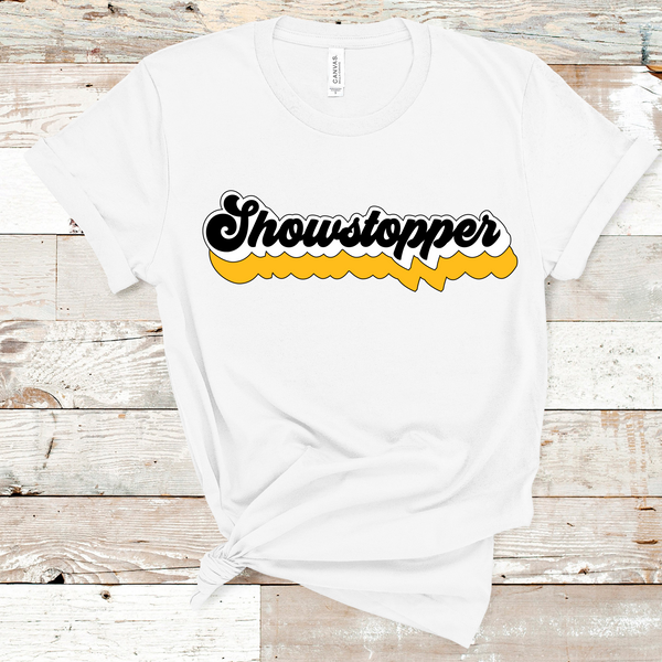 Showstopper Retro Font Gold, White, and Black Adult Size Direct to Film Transfer - 10 to 14 Day Ship Time