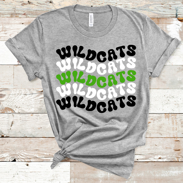 Wildcats Wavy Retro Mascot Black, White, Kelly Green Direct to Film Transfer - 10 to 14 Day Ship Time