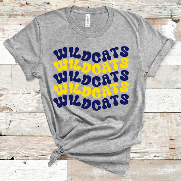 Wildcats Wavy Retro Mascot Navy and Yellow Direct to Film Transfer - 10 to 14 Day Ship Time