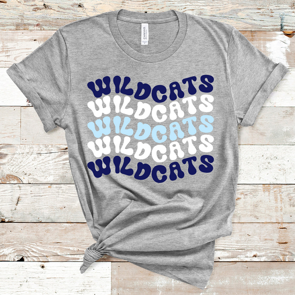 Wildcats Wavy Retro Mascot Navy, White, and Light Blue Direct to Film Transfer - 10 to 14 Day Ship Time