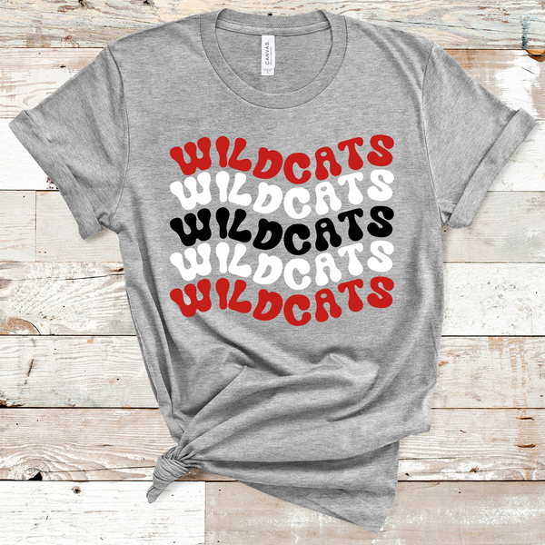 Wildcats Wavy Retro Mascot Black, White, and Red Direct to Film Transfer - 10 to 14 Day Ship Time