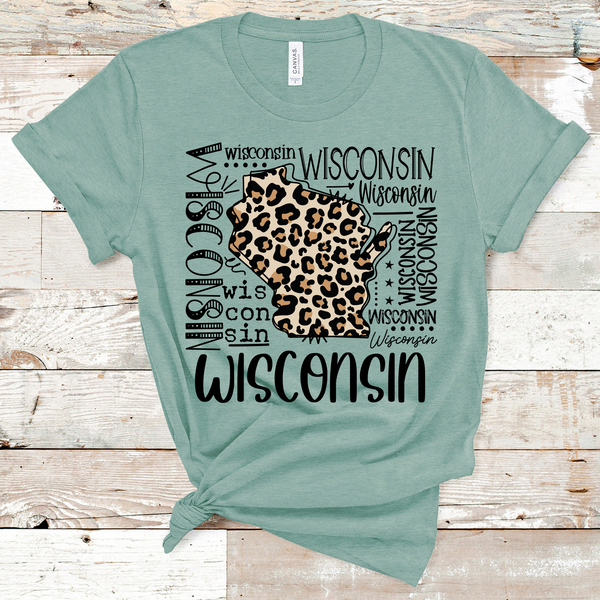 Wisconsin State Leopard Typography Black Word Art Direct to Film Transfer - 10 to 14 Day Ship Time