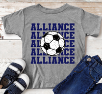 Alliance Stacked Mascot Soccer Navy Text Direct to Film Transfer - YOUTH SIZE - 10 to 14 Day Ship Time