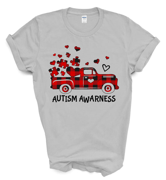 Autism Awareness Red and Black Plaid Truck with Puzzle Pieces Adult Size - SUBLIMATION TRANSFER - RTS