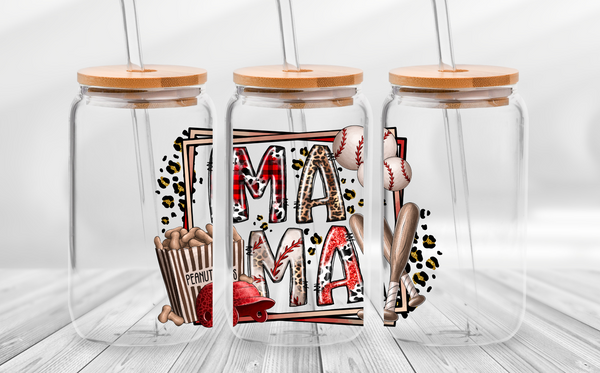 Baseball Mama Animal Print 16 Ounce Libbey Glass with Lid and Straw - Completed Glass Wholesale  - RTS