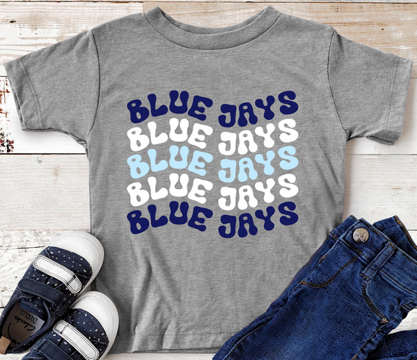Blue Jays Wavy Retro Mascot Navy, White, and Light Blue Direct to Film Transfer - YOUTH SIZE - 10 to 14 Day Ship Time
