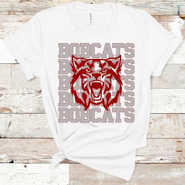 Bobcats Stacked Mascot Design Crimson Red and Light Gray Adult Size Direct to Film Transfer - 10 to 14 Day Ship Time