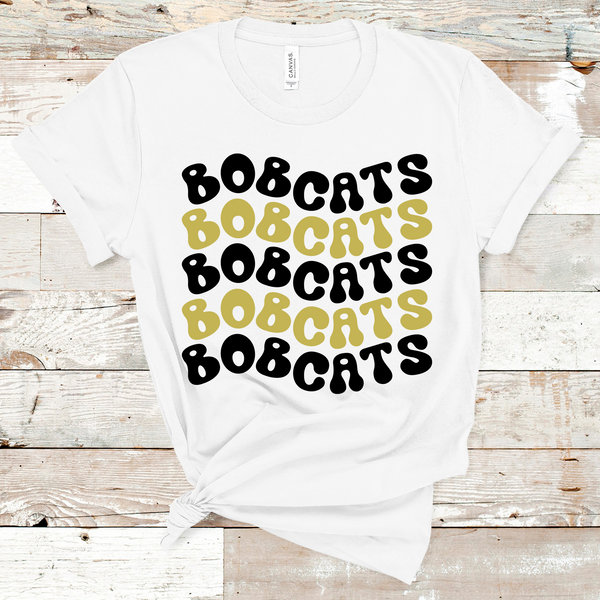 Bobcats Wavy Retro Mascot Black and Vegas Gold Direct to Film Transfer - 10 to 14 Day Ship Time