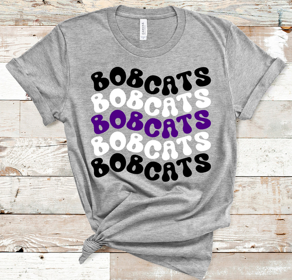 Bobcats Wavy Retro Mascot Black, White, and Purple Direct to Film Transfer - 10 to 14 Day Ship Time