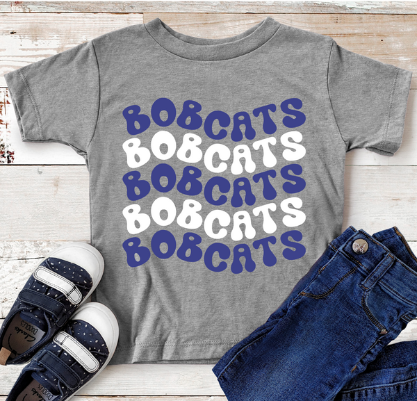 Bobcats Wavy Retro Mascot Royal Blue and White Direct to Film Transfer - YOUTH SIZE - 10 to 14 Day Ship Time