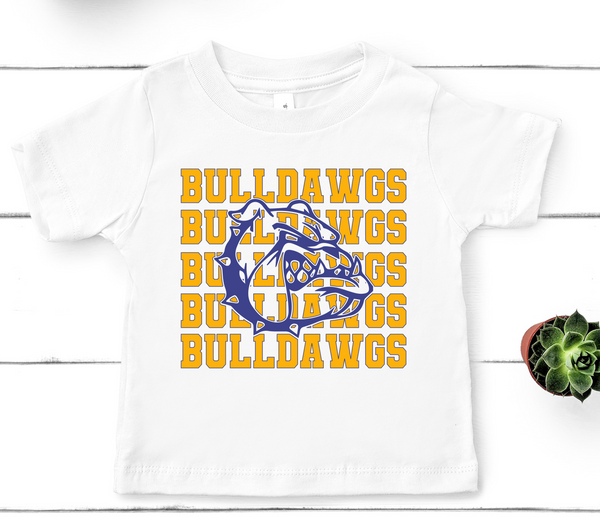Bulldawgs Stacked Mascot Gold and Royal Blue Direct to Film Transfer - YOUTH SIZE - 10 to 14 Day Ship Time