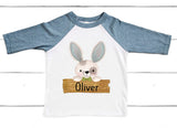 Boy Bunny with Name Board Personalized Easter Direct to Film Transfer - 10 to 14 Day Ship Time
