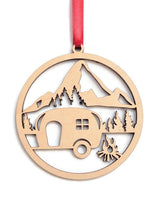 Camper with Mountains and Campfire Maple Christmas Tree Ornament