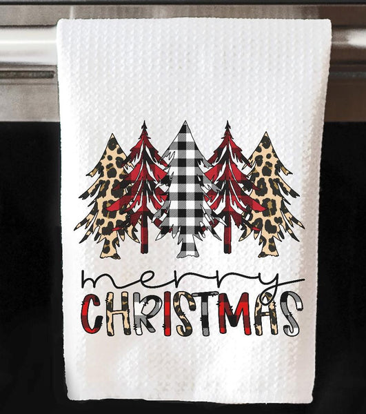 Cheetah and Plaid Merry Christmas Trees Waffle Weave Towel Sublimation Transfer 2 to a page- RTS