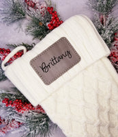 Knit Christmas Stocking with Faux Leather Engraved Patch
