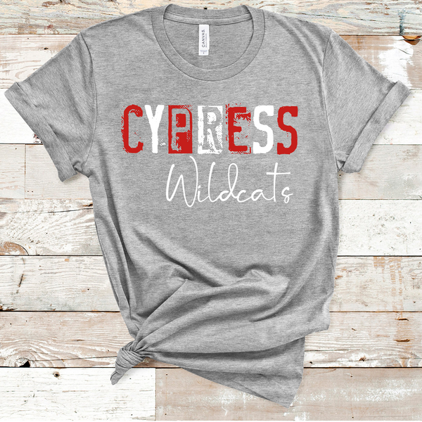 Cypress Wildcats Grunge Red and White Text Direct to Film Transfer - 10 to 14 Day Ship Time