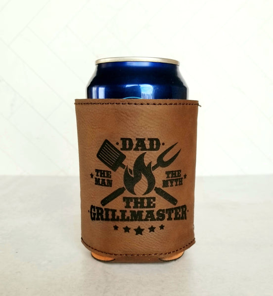 Dad The Man, The Myth, The Grill Master Faux Leather 12 Ounce Can Cooler
