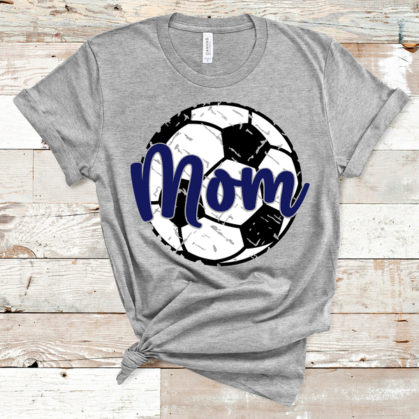 Mom Distressed Soccer Ball Navy Text Direct to Film Transfer - 10 to 14 Day Ship Time