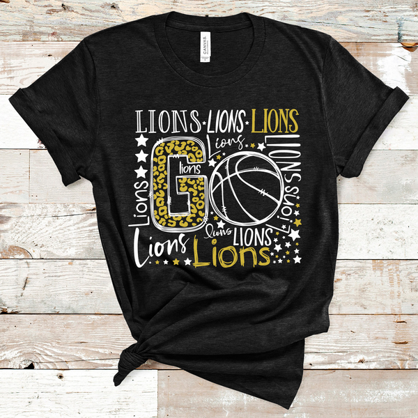 Go Lions Basketball Typography Old Gold and White Word Art Direct to Film Transfer - 10 to 14 Day Ship Time