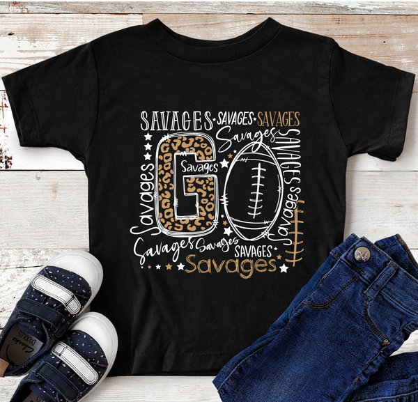 Go Savages Football Leopard Typography Direct to Film Transfer - YOUTH SIZE - 10 to 14 Day Ship Time
